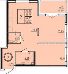 МЖК «Образцовый квартал 16», планировка 2-комнатной квартиры, 61.77 м²