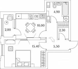 ЖК «Тайм Сквер», планировка 1-комнатной квартиры, 39.50 м²