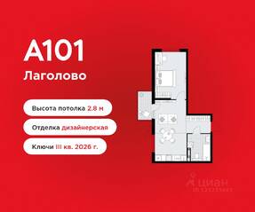 ЖК «А101 Лаголово», планировка 1-комнатной квартиры, 44.80 м²