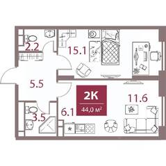 ЖК «Legacy», планировка 2-комнатной квартиры, 44.00 м²