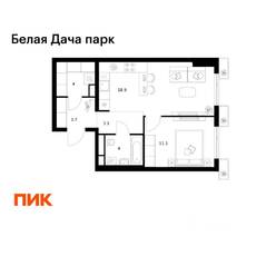 ЖК «Белая Дача парк», планировка 1-комнатной квартиры, 44.80 м²