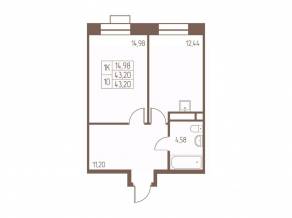 ЖК «Западная Ивантеевка», планировка 1-комнатной квартиры, 43.20 м²