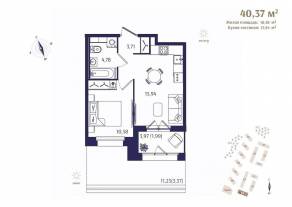 ЖК «Ranta Residence», планировка 1-комнатной квартиры, 40.37 м²