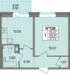 ЖК «Смарт», планировка 1-комнатной квартиры, 37.72 м²