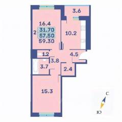 ЖК «Эдельвейс» (ЦентрСтрой), планировка 2-комнатной квартиры, 59.30 м²