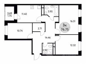 ЖК «Солнечная долина» (Щелково), планировка 3-комнатной квартиры, 76.75 м²