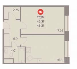 ЖК «Отлично», планировка 1-комнатной квартиры, 46.31 м²