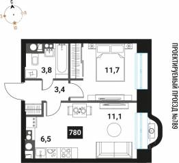 ЖК «Интеллигент», планировка 2-комнатной квартиры, 36.50 м²
