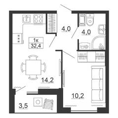 ЖК «Рубеж», планировка 1-комнатной квартиры, 32.40 м²