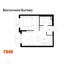 ЖК «Восточное Бутово», планировка 1-комнатной квартиры, 33.60 м²