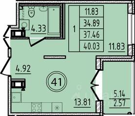 МЖК «Образцовый квартал 14», планировка 1-комнатной квартиры, 34.89 м²