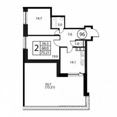 ЖК «Космос», планировка 2-комнатной квартиры, 75.21 м²
