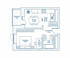 ЖК «Новоград Монино», планировка 1-комнатной квартиры, 38.10 м²