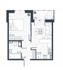 ЖК «Ново-Антропшино», планировка 1-комнатной квартиры, 36.74 м²