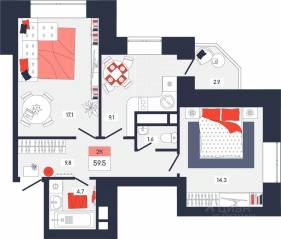 ЖК «Феникс», планировка 2-комнатной квартиры, 59.50 м²