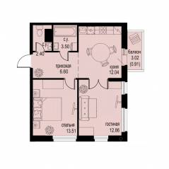 ЖК «ID Murino III», планировка 2-комнатной квартиры, 51.82 м²