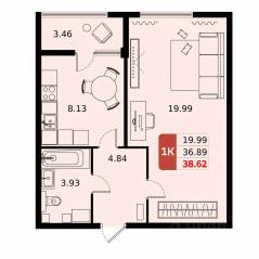 ЖК «ДОМодедово Парк», планировка 1-комнатной квартиры, 38.62 м²