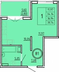 МЖК «Образцовый квартал 16», планировка 1-комнатной квартиры, 34.14 м²