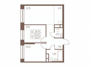 ЖК «Западная Ивантеевка», планировка 3-комнатной квартиры, 53.30 м²