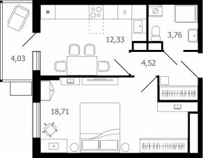 ЖК «Десятка», планировка 1-комнатной квартиры, 40.60 м²