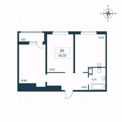 ЖК «Расцветай в Янино», планировка 2-комнатной квартиры, 58.20 м²
