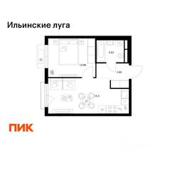 ЖК «Ильинские луга», планировка 1-комнатной квартиры, 33.97 м²