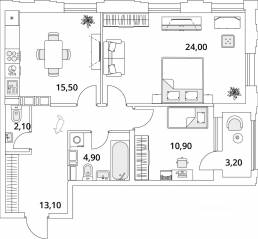 ЖК «Тайм Сквер», планировка 2-комнатной квартиры, 72.10 м²