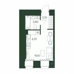 ЖК «Моисеенко, 10», планировка студии, 22.00 м²