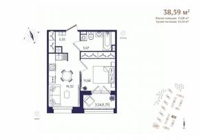 ЖК «Ranta Residence», планировка 1-комнатной квартиры, 38.59 м²