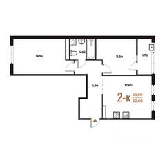 ЖК «Новое Летово», планировка 2-комнатной квартиры, 60.60 м²