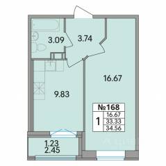 ЖК «Рождественский квартал», планировка 1-комнатной квартиры, 34.56 м²
