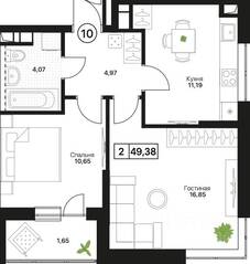 ЖК «Пушкино Град», планировка 2-комнатной квартиры, 49.38 м²