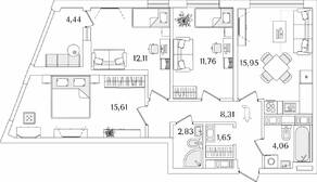 ЖК «Лайнеръ», планировка 3-комнатной квартиры, 74.50 м²