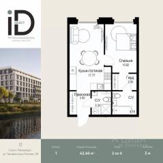ЖК «ID Petrogradskaya», планировка 1-комнатной квартиры, 42.66 м²