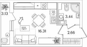 ЖК «Кинопарк», планировка студии, 23.98 м²