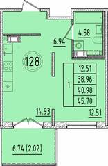 МЖК «Образцовый квартал 17», планировка 1-комнатной квартиры, 38.96 м²