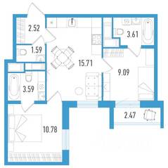 ЖК «Южный форт», планировка 2-комнатной квартиры, 47.63 м²