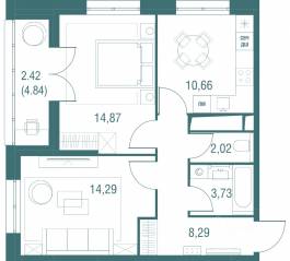 ЖК «Одинбург», планировка 2-комнатной квартиры, 56.28 м²