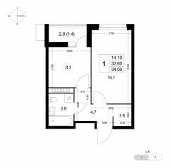 ЖК «Легенда Коренево», планировка 1-комнатной квартиры, 34.00 м²