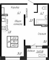 ЖК «Сибирь», планировка 2-комнатной квартиры, 40.90 м²