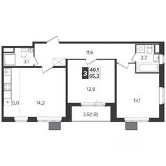 ЖК «Южная Битца», планировка 3-комнатной квартиры, 64.60 м²