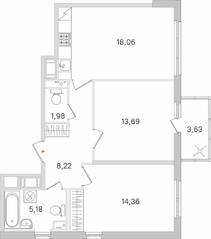 ЖК «Ясно. Янино», планировка 2-комнатной квартиры, 62.58 м²
