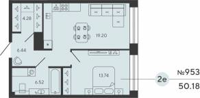 ЖК «Bashni Element», планировка 1-комнатной квартиры, 50.18 м²