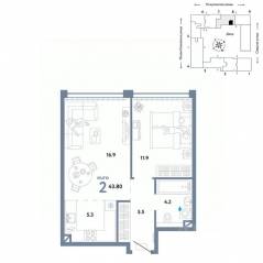 ЖК «Страна.Озерная», планировка 2-комнатной квартиры, 43.80 м²