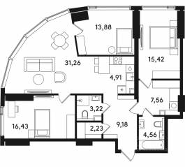 ЖК «Solos», планировка 3-комнатной квартиры, 108.65 м²