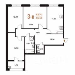 ЖК «Новое Летово», планировка 3-комнатной квартиры, 85.40 м²