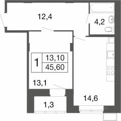 ЖК «Времена года», планировка 1-комнатной квартиры, 45.60 м²
