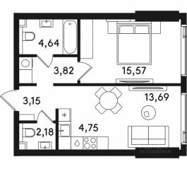 ЖК «Solos», планировка 1-комнатной квартиры, 47.80 м²