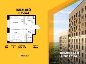 ЖК «Квартал Белый Град», планировка 1-комнатной квартиры, 33.10 м²