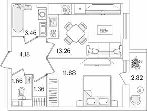 ЖК «Кинопарк», планировка 1-комнатной квартиры, 37.21 м²